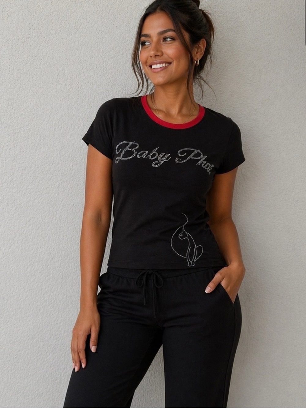 NWT Baby Phat Black Tee with Red Crew Neck and Rhinestone Logo Women’s large